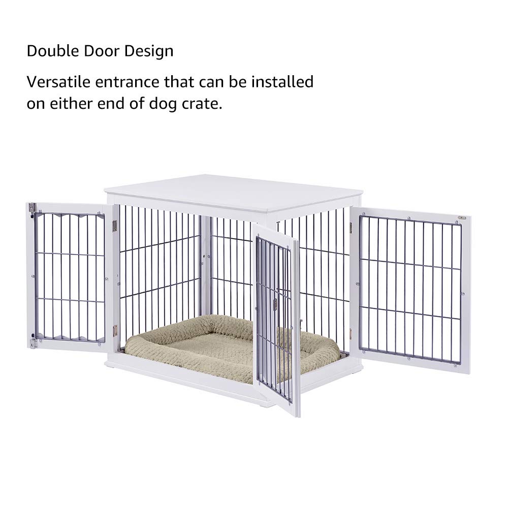 【Pet】Furniture Style Dog Crate End Table with Cushion, Wooden Wire Pet Kennels with Double Doors