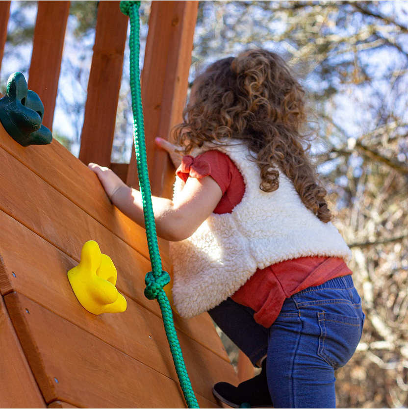 【Baby&Kids】Gorilla Playsets Outdoor Wood Swing Set with Wood Roof & Yellow Slide, Amber