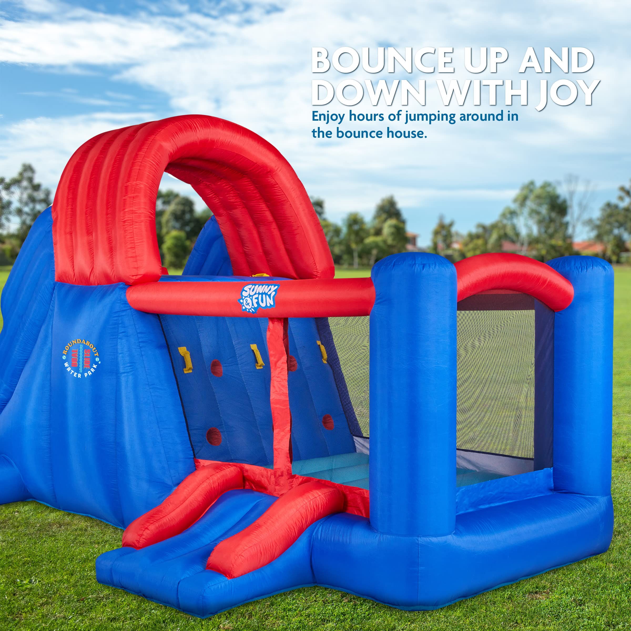 【Sports&Outdoors】Dual Slide Roundabout Inflatable Water Park - Climbing Wall, Slides, Bounce House & Huge Pool
