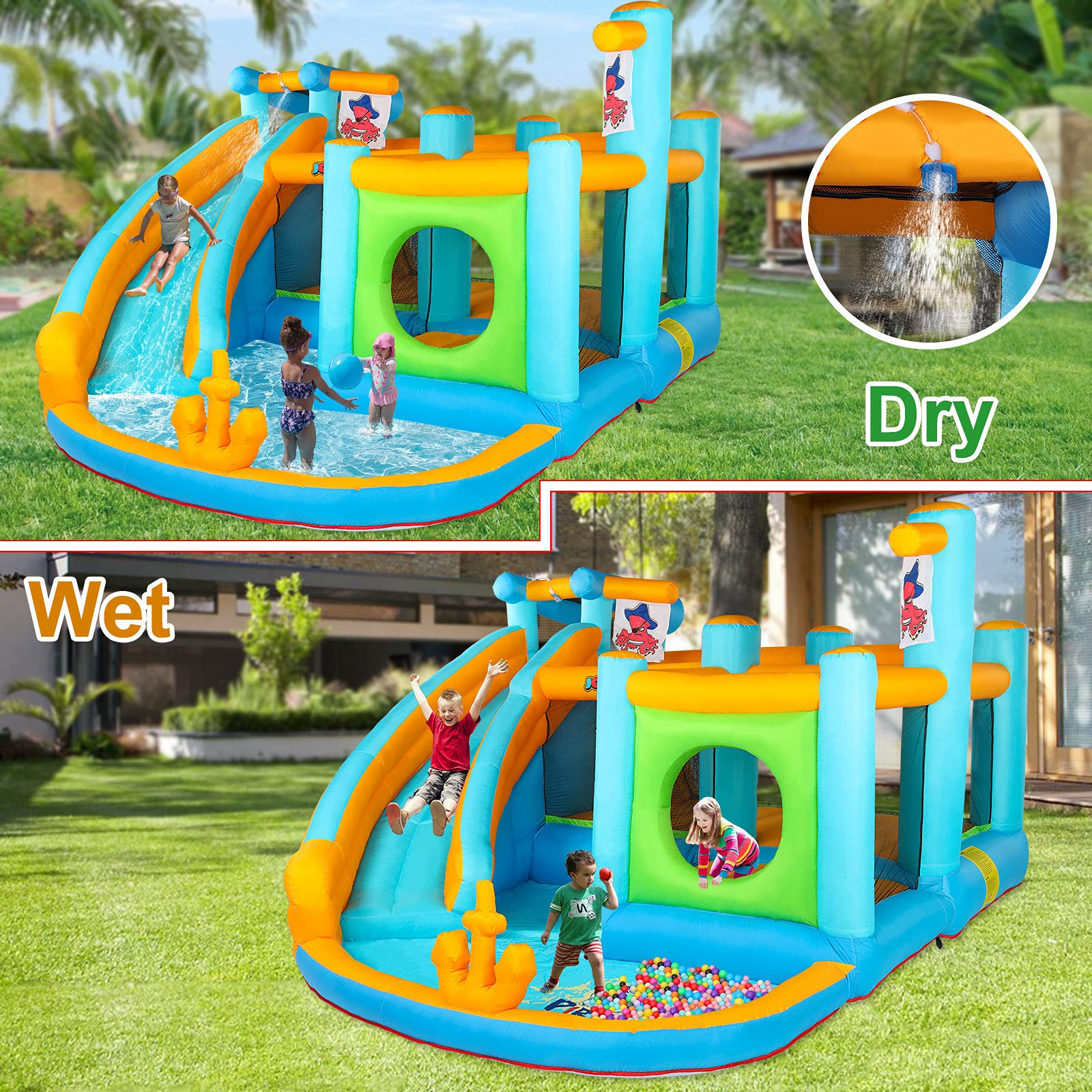 【Baby&Kids】Inflatable Water Slide Park, Pirate Themed Bounce House, Obstacle Course, Water Cannon