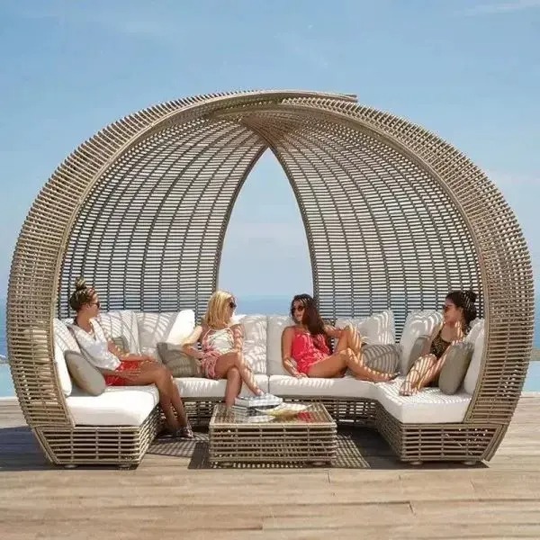 【Furniture】Outdoor Lying Bed Rattan Creative Birdcage Resort Hotel Open-air Sea View Room Multi-person Coffee Table Combination Leisure Rattan Bed