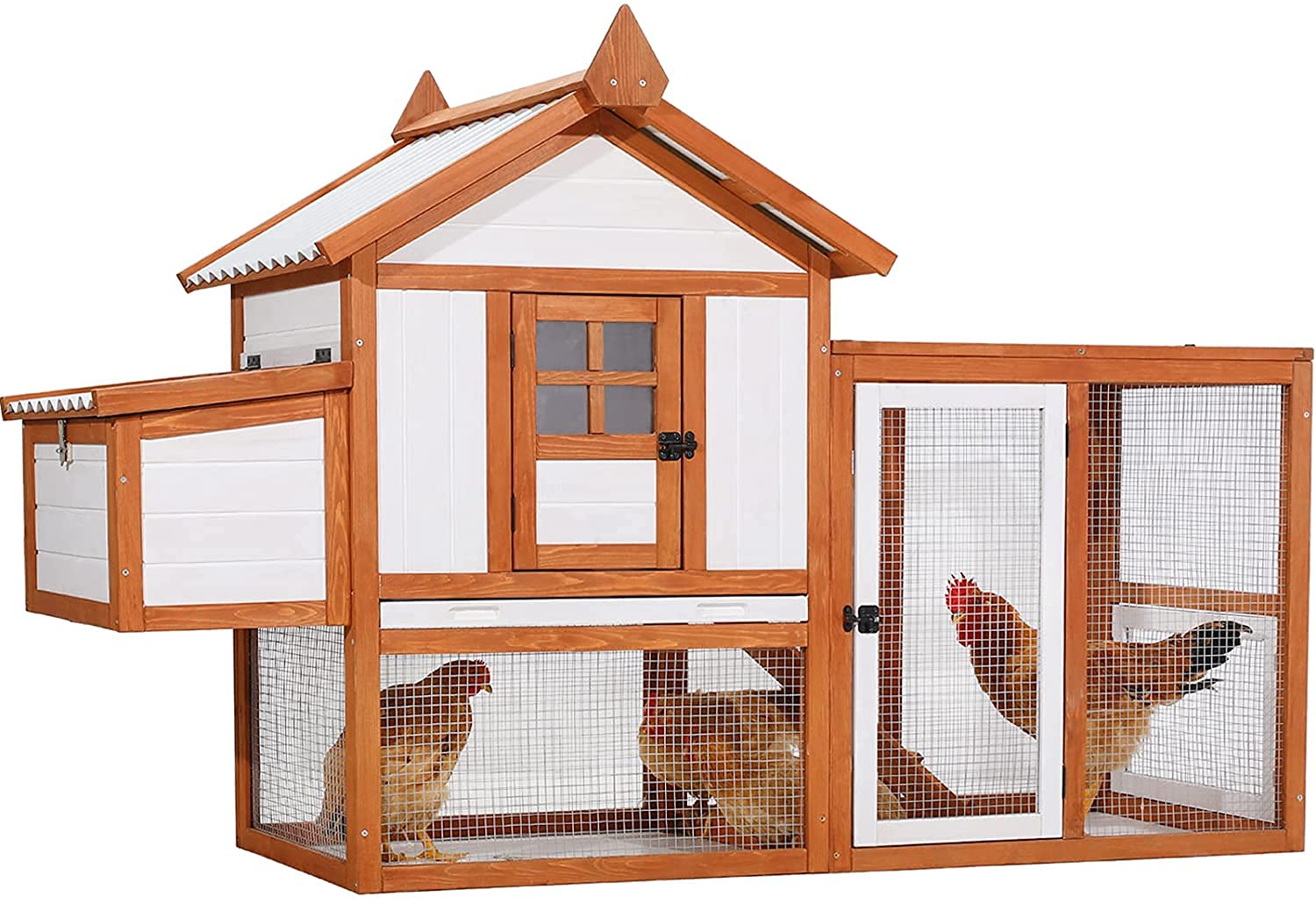 【Pet】Outdoor Wooden Multi-Level Chicken Coop, Poultry Cage wRamps, Run, Nesting Box, Wire Fence