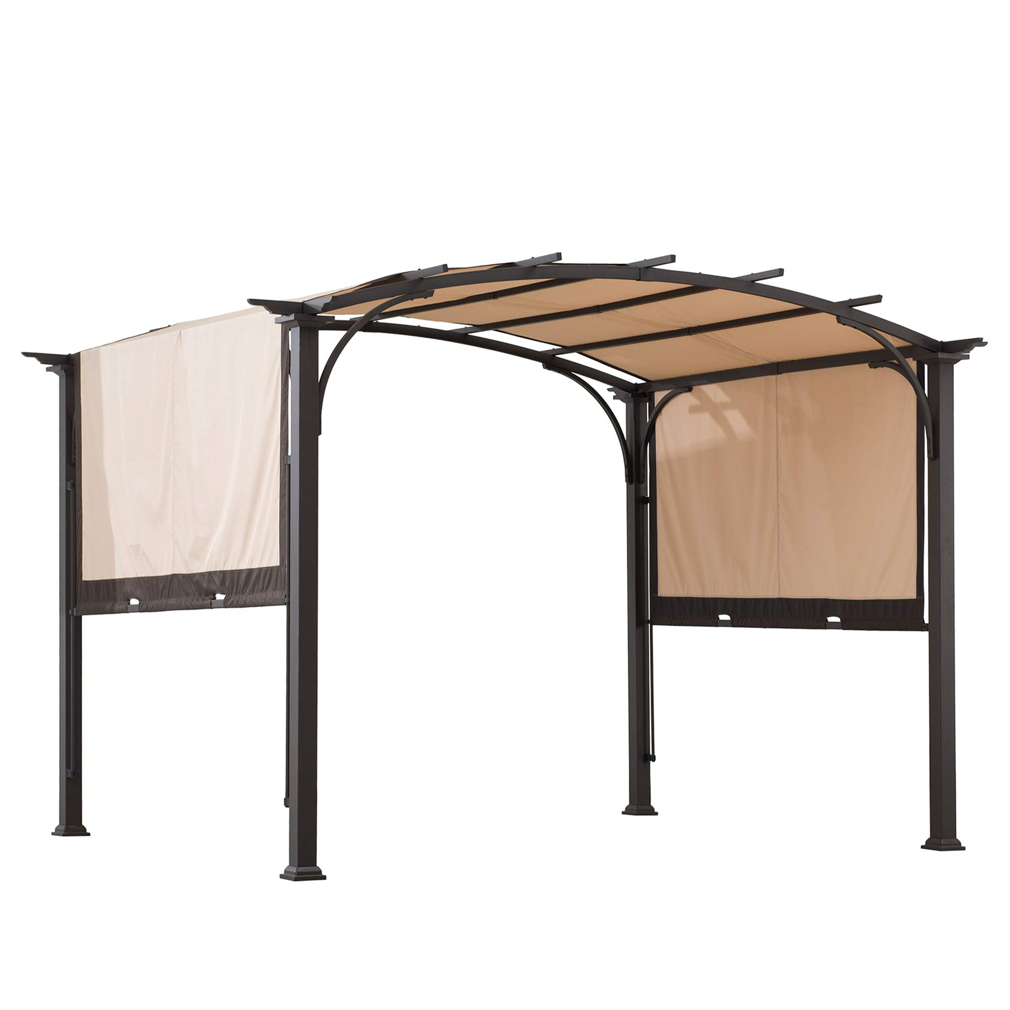 【Home&Garden】9.5x11 Steel Arched Pergola with 2-Tone Adjustable Shade, Tan & Brown