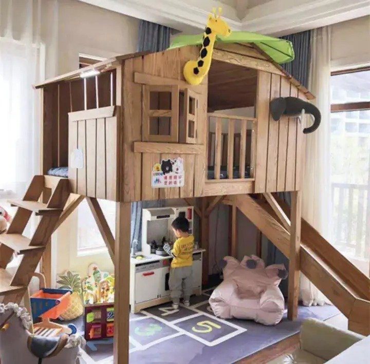 Cabin shape bunk beds with attached stairs and slide(1)
