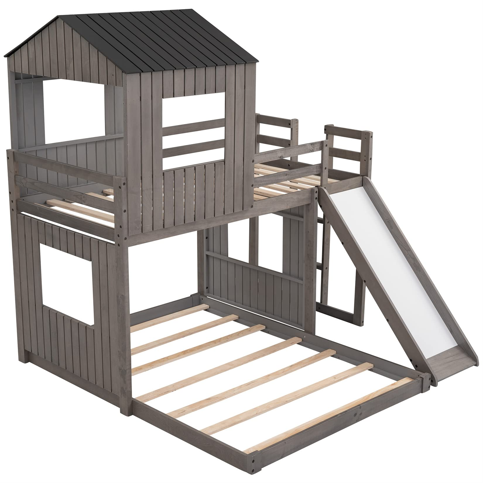 【Furniture】House Bed Bunk Beds with Slide, Wood Bunk Beds with Roof and Guard Rail for Kids, Toddlers