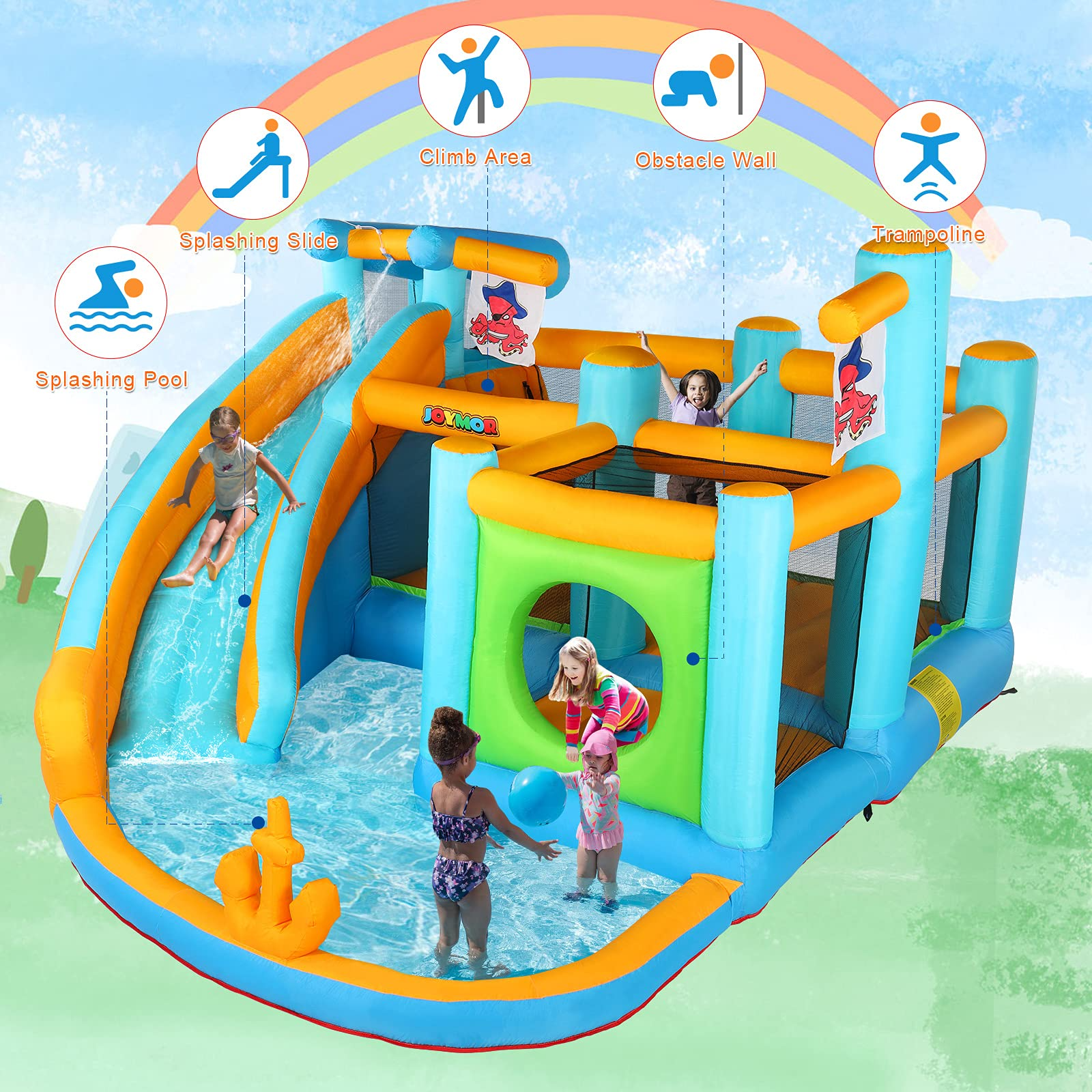 【Baby&Kids】Inflatable Water Slide Park, Pirate Themed Bounce House, Obstacle Course, Water Cannon