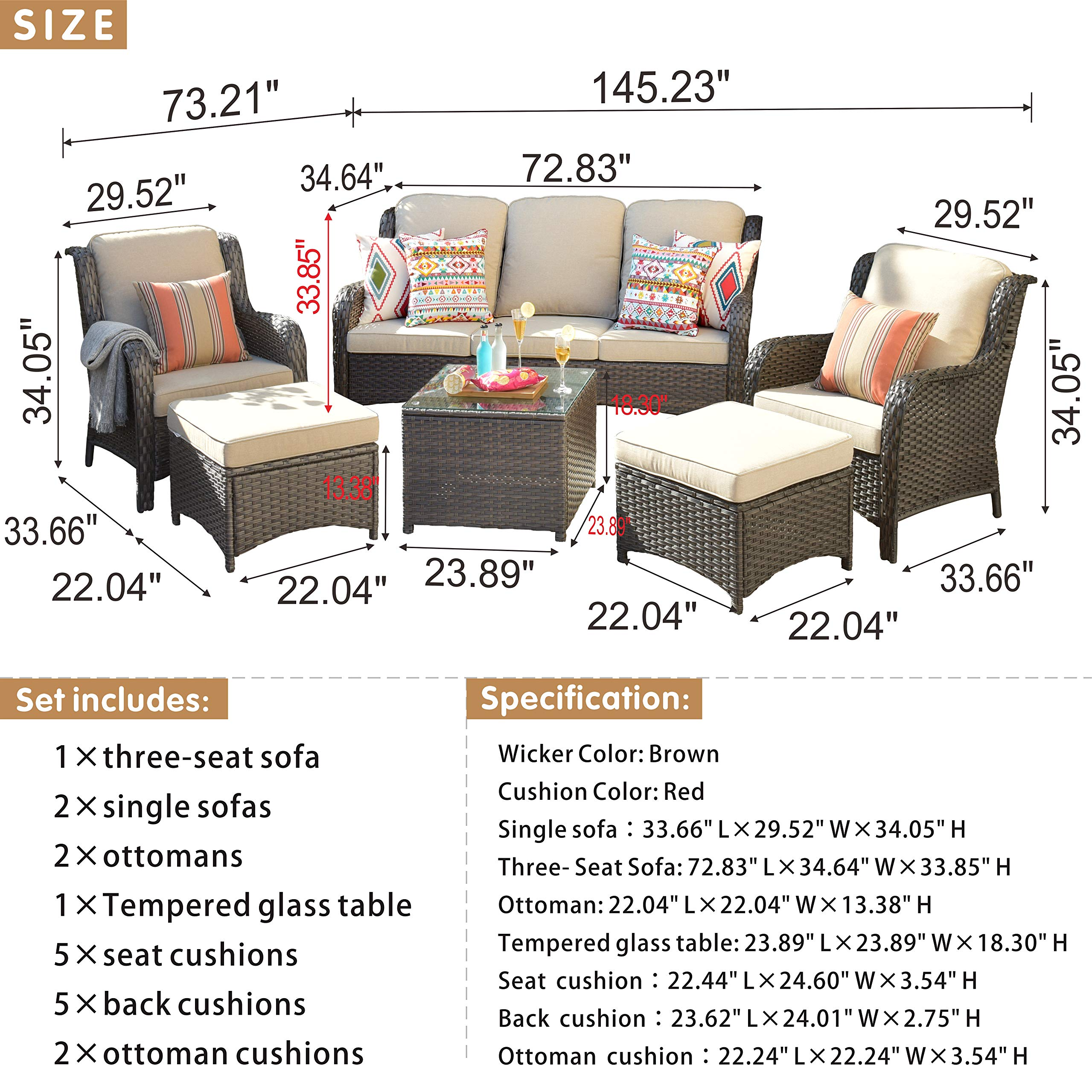 【Furniture】Patio Furniture Conversation Set All Weather Wicker 6 Pcs High Back Sofa w Coffee Table & Ottomans