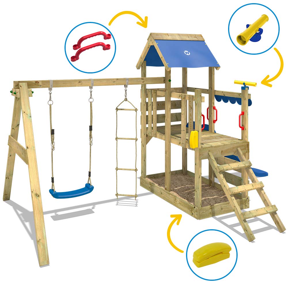 【Baby&Kids】Wooden climbing frame TurboFlyer with swing set and blue slide, Garden playhouse