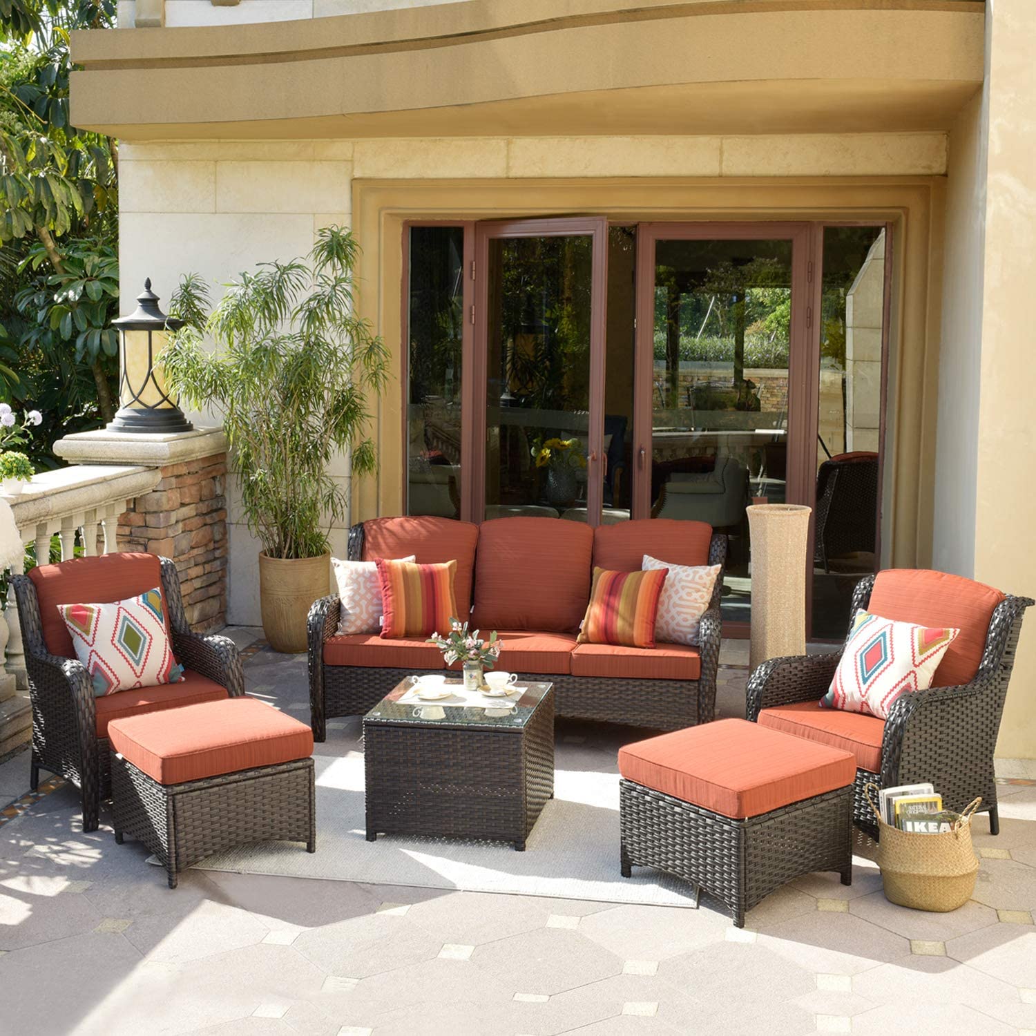 【Furniture】Patio Furniture Conversation Set All Weather Wicker 6 Pcs High Back Sofa w Coffee Table & Ottomans