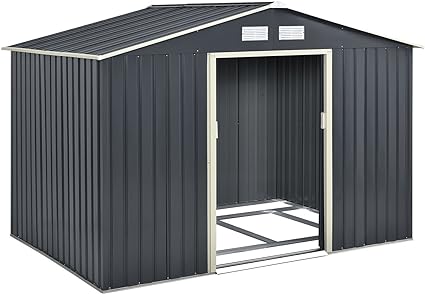 Juskys 15m3 metal tool shed with pitched roof, sliding door and foundation - 277×319×192cm - Garden Shed