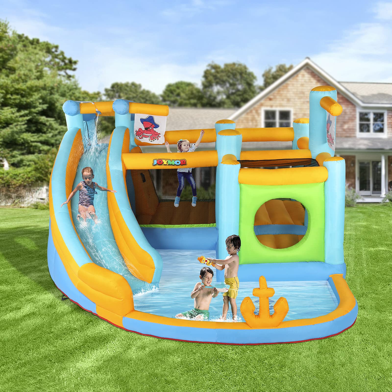 【Baby&Kids】Inflatable Water Slide Park, Pirate Themed Bounce House, Obstacle Course, Water Cannon