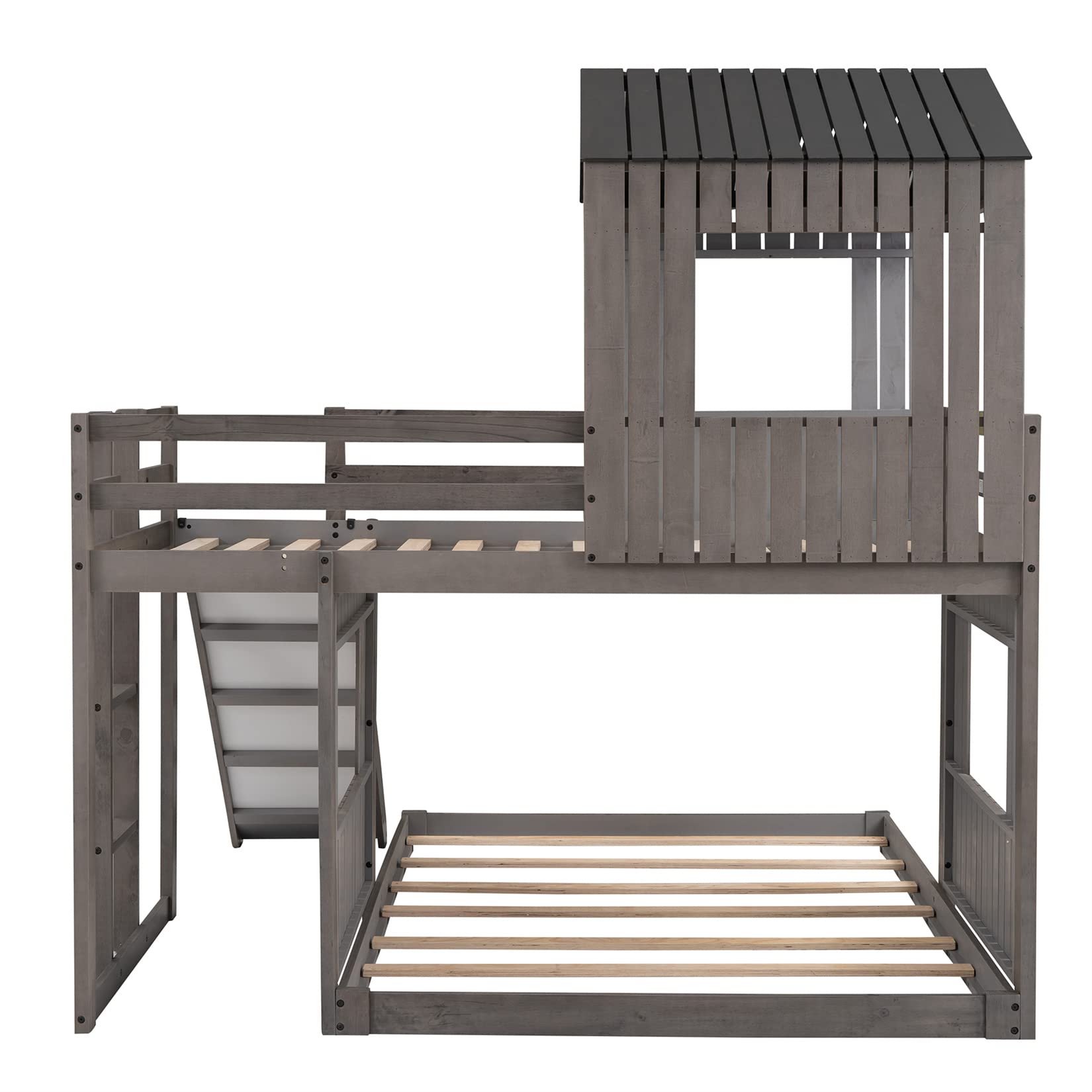 【Furniture】House Bed Bunk Beds with Slide, Wood Bunk Beds with Roof and Guard Rail for Kids, Toddlers