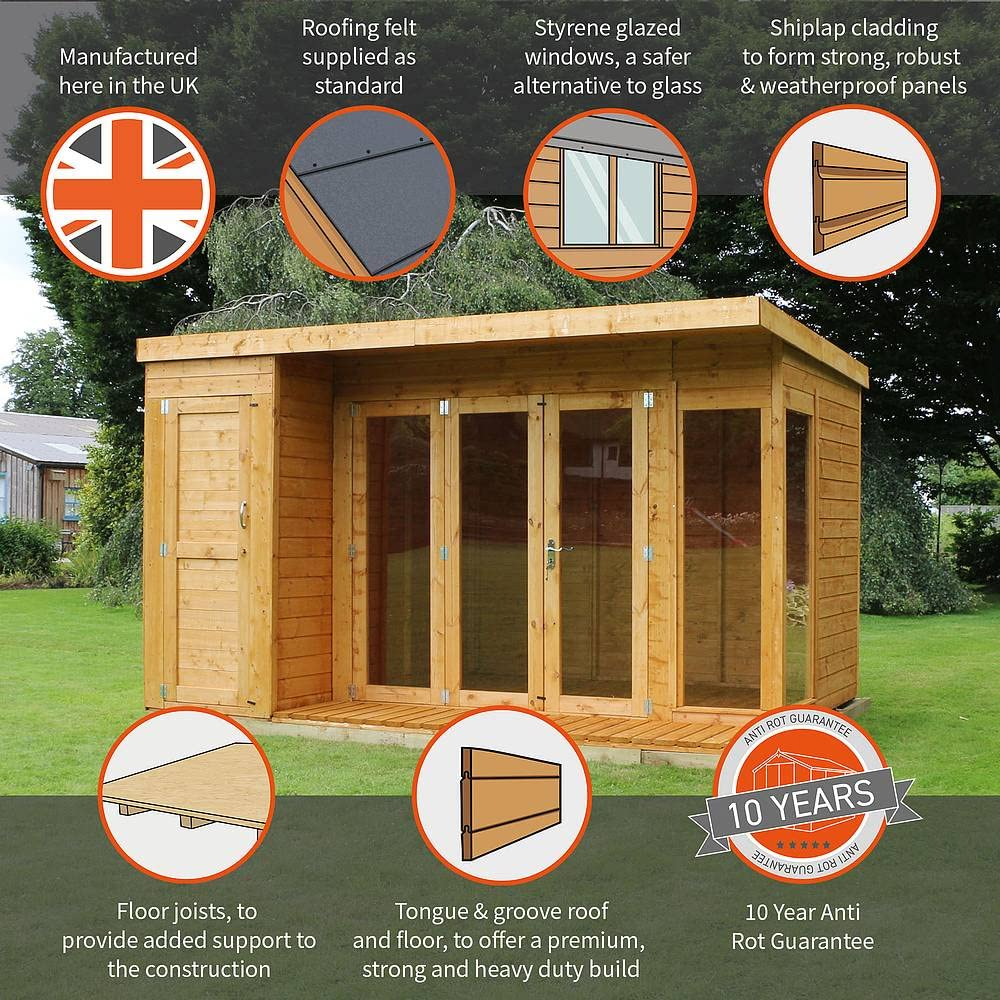 【Home&Garden】12x8 Wooden Garden Summerhouse with Side Shed, Garden Room, Sunroom, Outdoor Storage