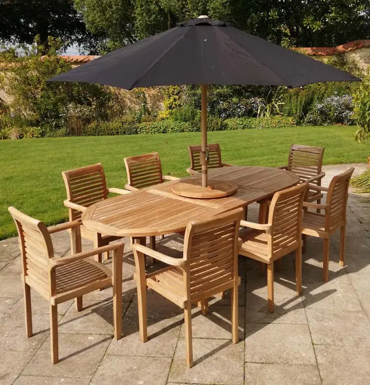 Teak Garden Furniture Set, Garden Table & 8 Chairs, Wooden Garden Furniture Set with Parasol
