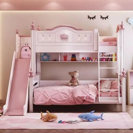 【Furniture】Sweet Princess Bed, Pink Kids Bunk Bed, American Style Exquisite Wooden Furniture