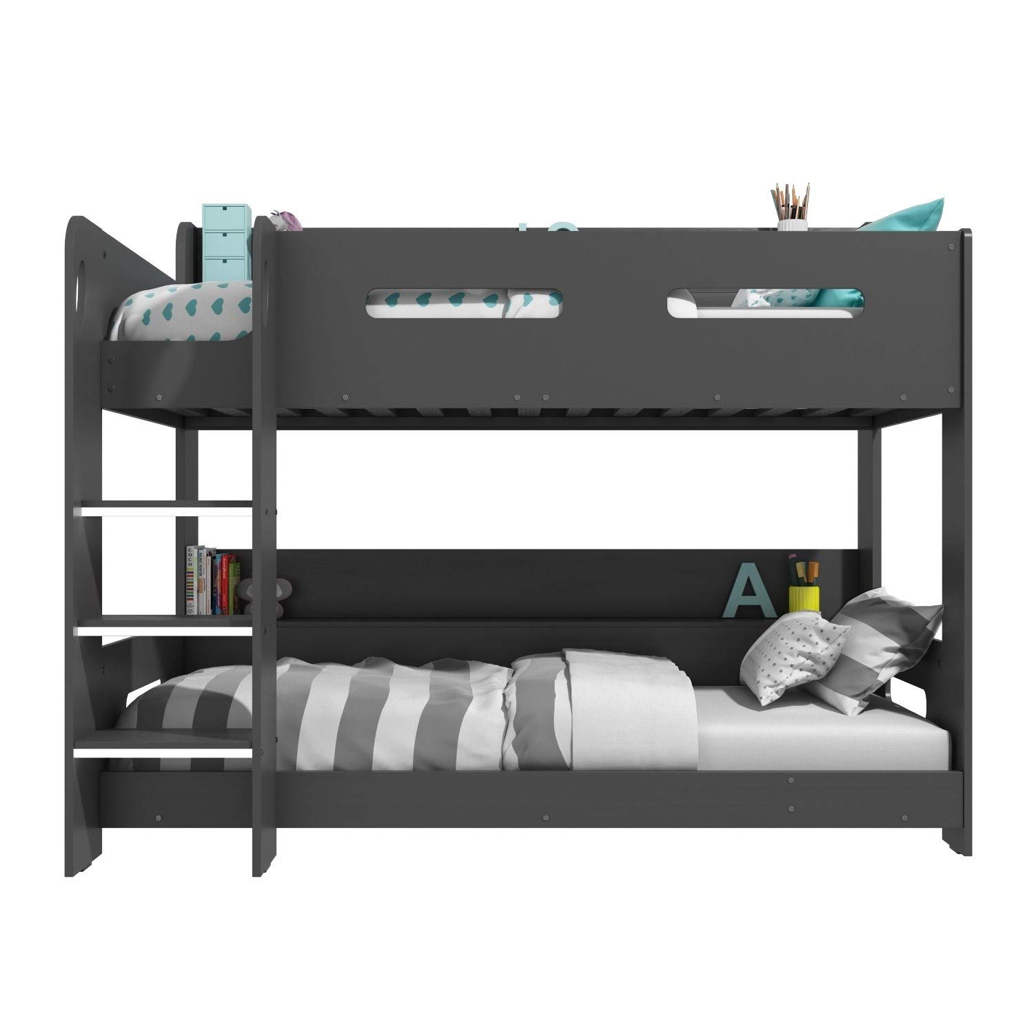 【Furniture】Dark Grey Bunk Bed with Storage Shelves - Ladder Can Be Fitted Either Side