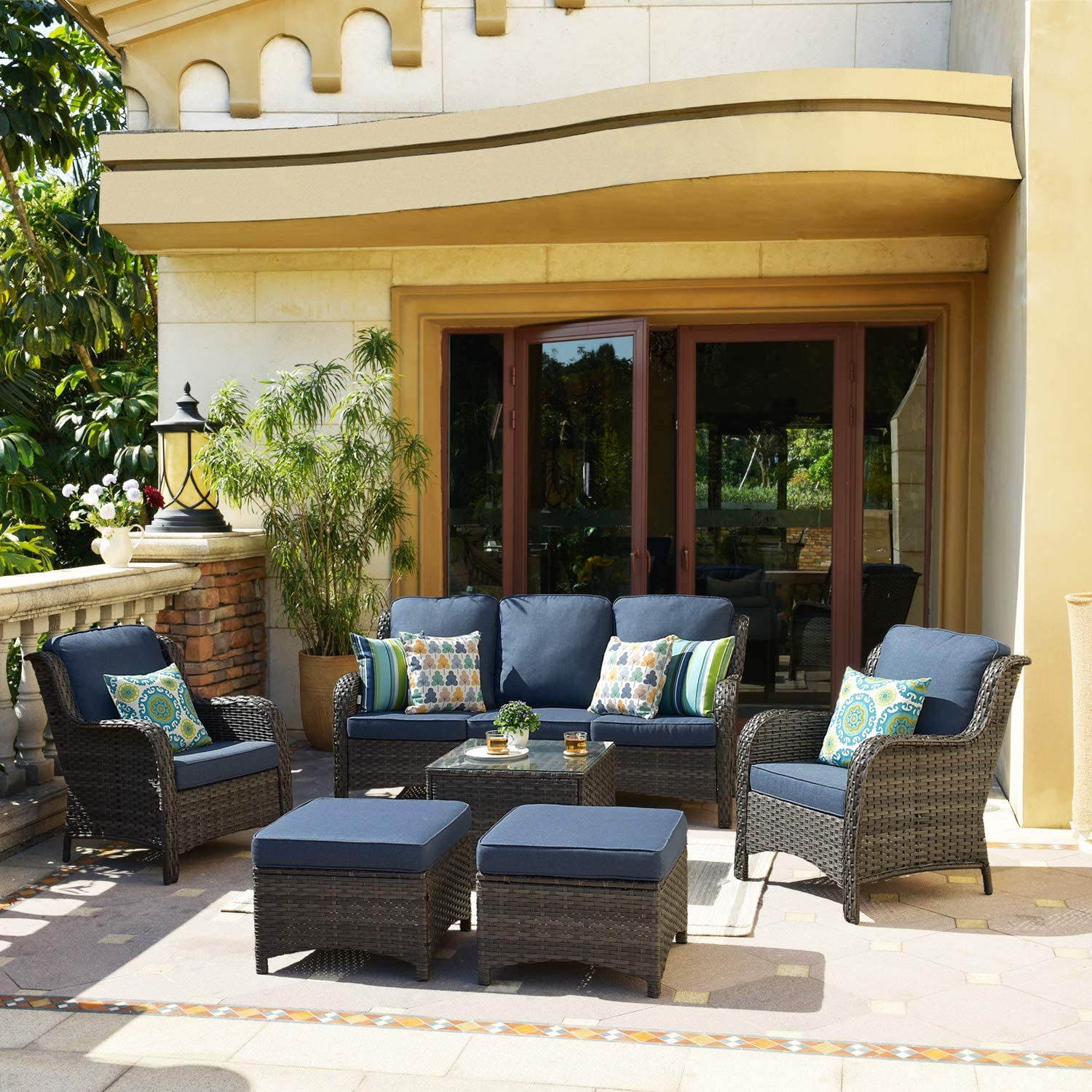 【Furniture】Patio Furniture Conversation Set All Weather Wicker 6 Pcs High Back Sofa w Coffee Table & Ottomans