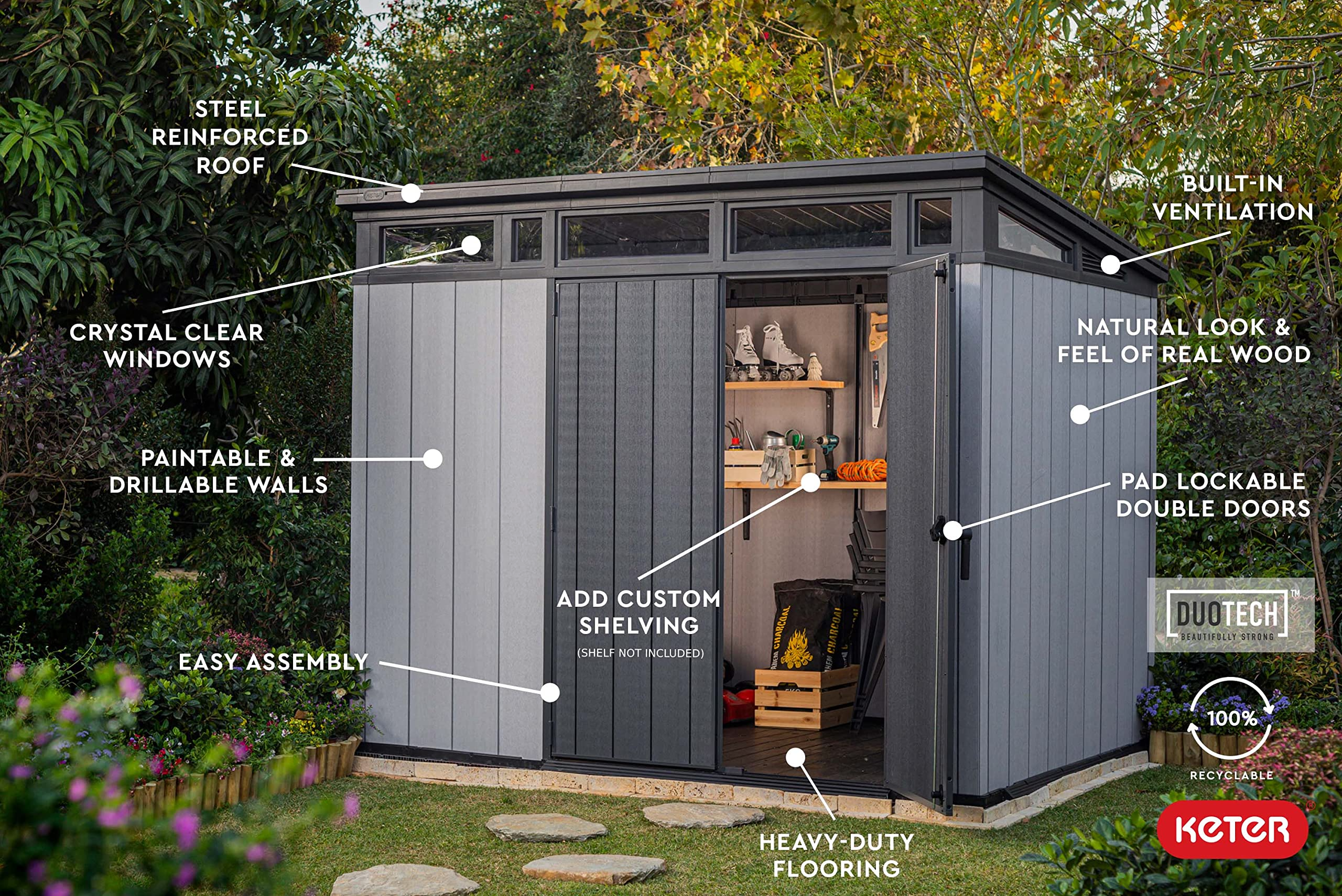 【Storage Shed】9x7 Foot Large Outdoor Shed with Floor with Modern Design for Patio Furniture, Tools