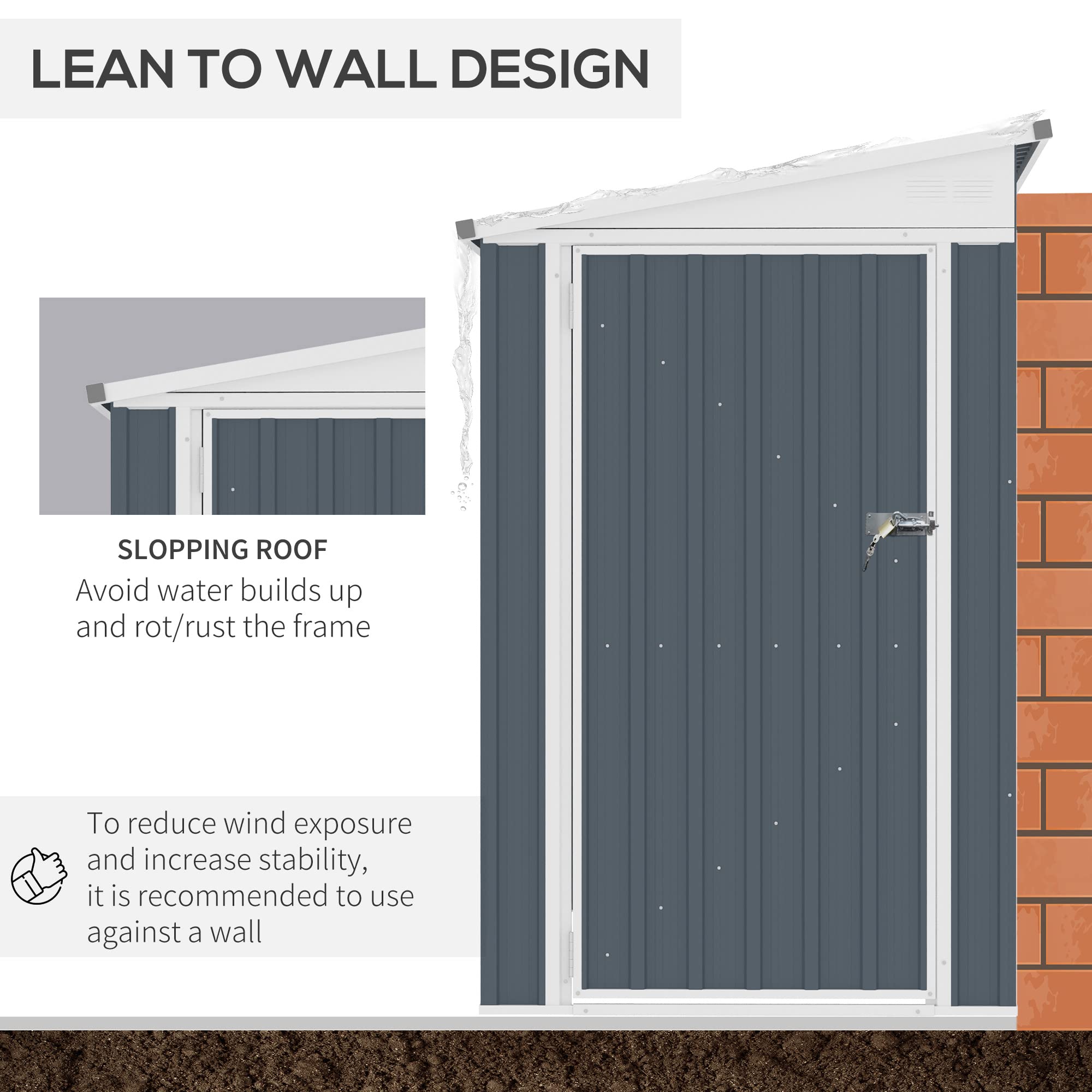 【Storage Shed】4' x 8' Steel Outdoor Sloping Metal Tool House with Lockable Doors & 2 Air Vents