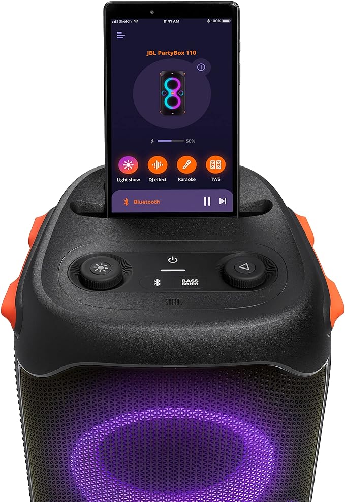 JBL PartyBox110 Portable Indoor and Outdoor Party Speaker with Built-In Lights, IPX4 Splashproof Design, Deep Bass and 12 Hours of Playtime, in Black