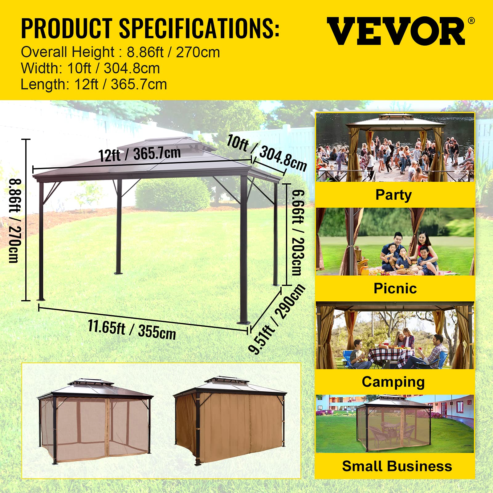【Gazebo】Hard Top Gazebo 10' x 12' with Netting - Metal Gazebo