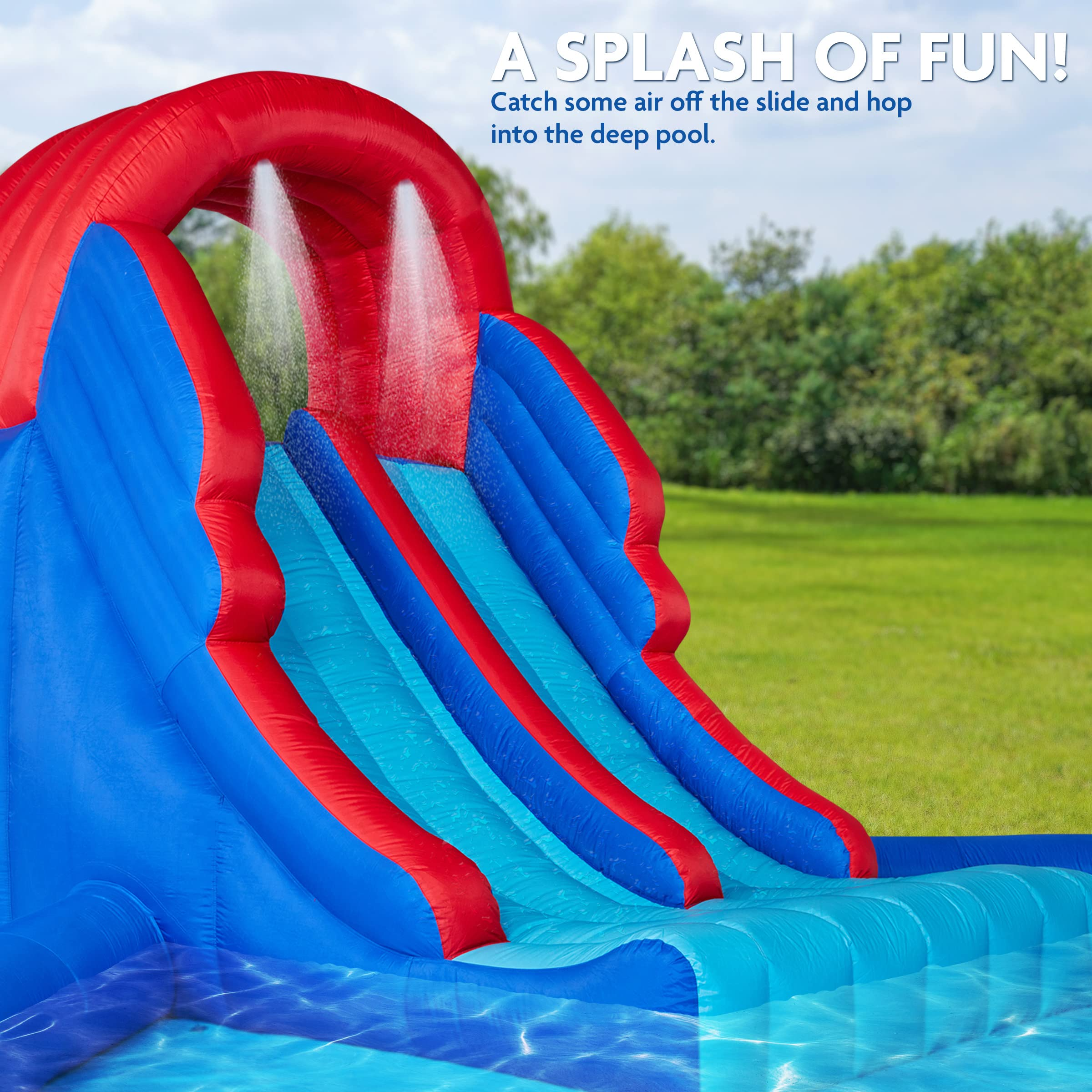 【Sports&Outdoors】Dual Slide Roundabout Inflatable Water Park - Climbing Wall, Slides, Bounce House & Huge Pool