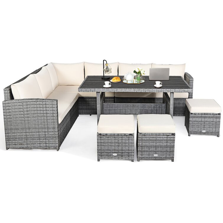【Home&Garden】Stefanie Polyethylene (PE) Wicker 9 - Person Seating Group with Cushions