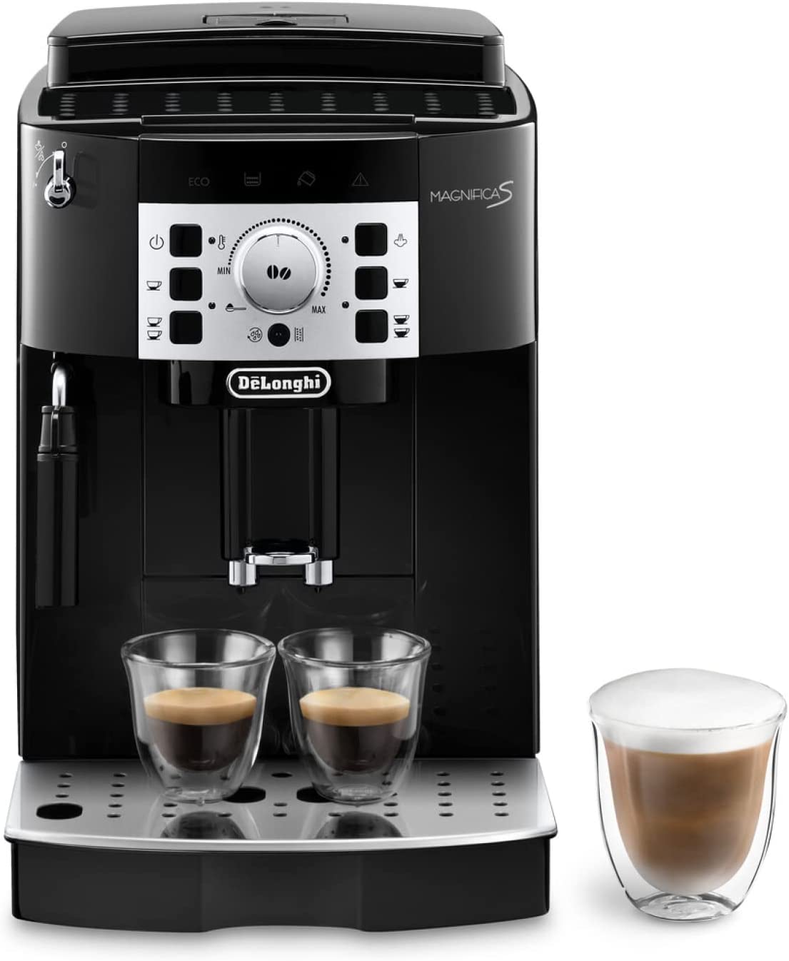 De'Longhi Magnifica S ECAM 22.110.B Fully Automatic Coffee Machine with Milk Frothing Nozzle, Direct Selection Buttons, 2-Cup Function & 1.8-L Water Tank, incl. Water Filter DLSC002 & EcoDecalk Descaler, Black/Silver