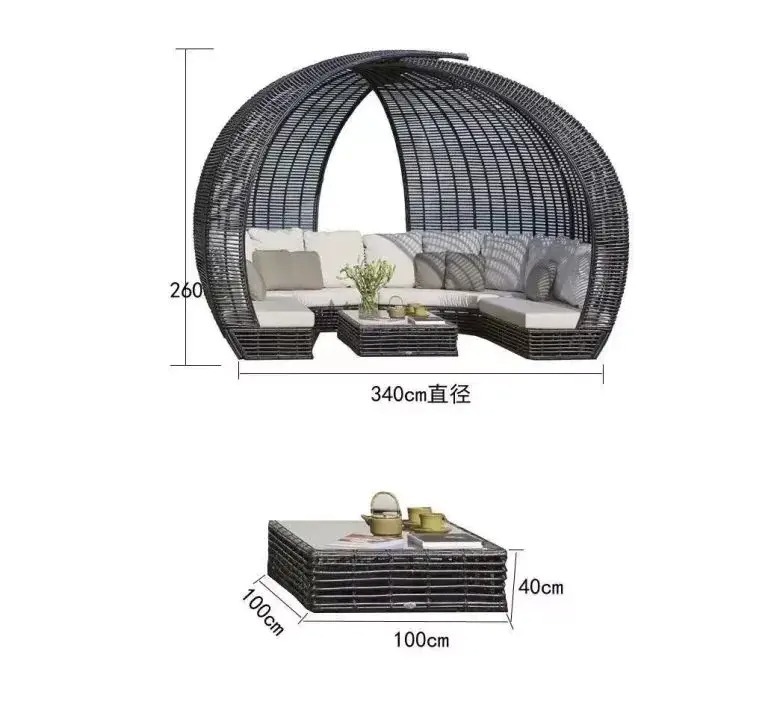 【Furniture】Outdoor Lying Bed Rattan Creative Birdcage Resort Hotel Open-air Sea View Room Multi-person Coffee Table Combination Leisure Rattan Bed