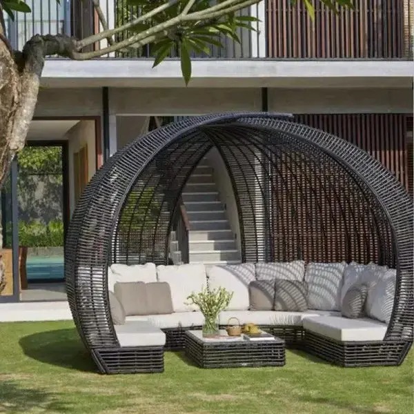 【Furniture】Outdoor Lying Bed Rattan Creative Birdcage Resort Hotel Open-air Sea View Room Multi-person Coffee Table Combination Leisure Rattan Bed