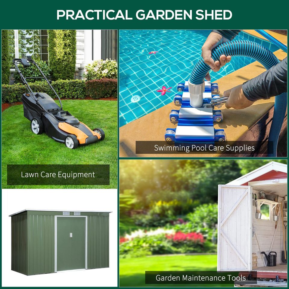 【Storage Shed】9' x 4' Corrugated metal storage shed outside equipment kit, light green