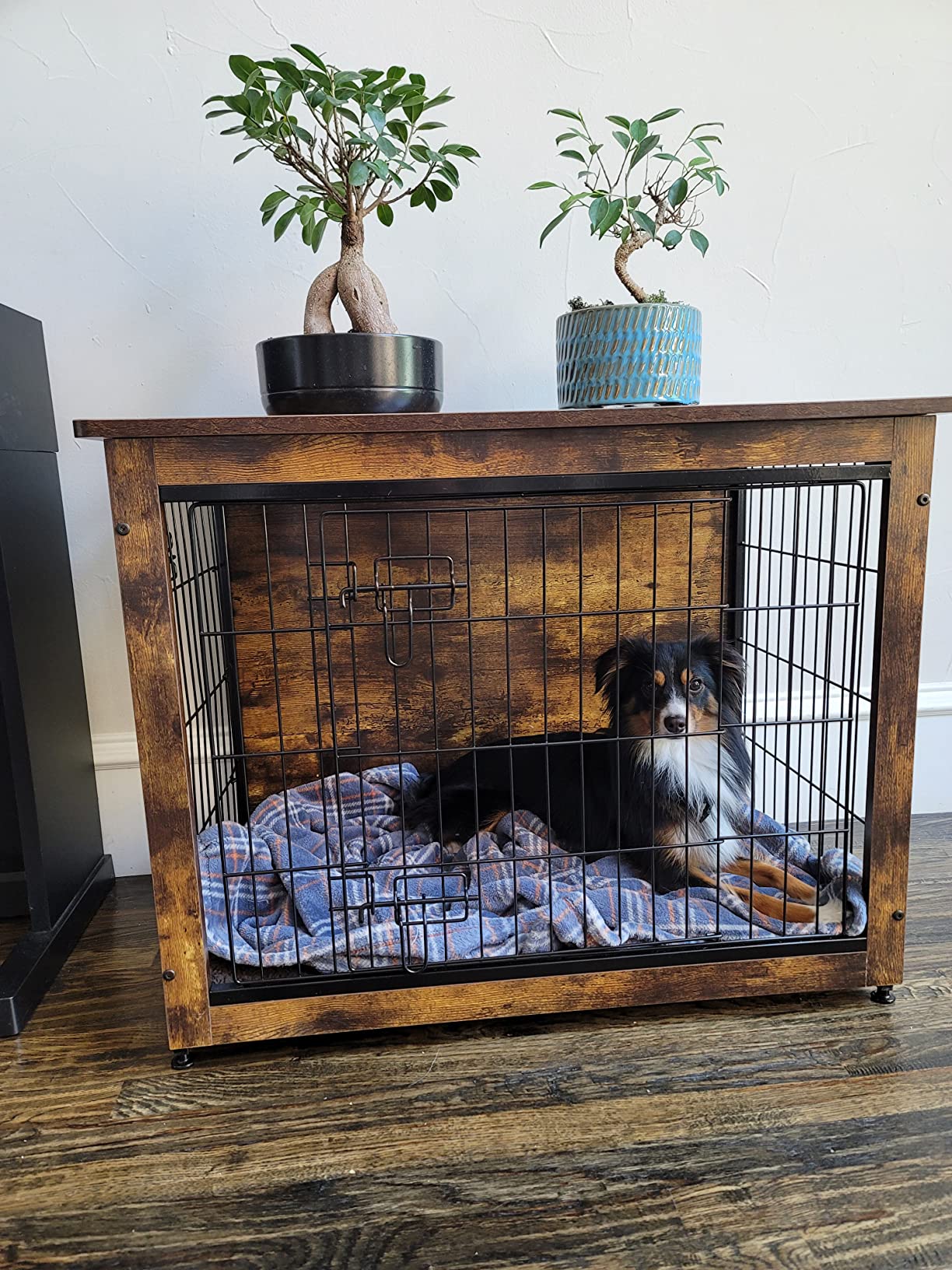 【Pet】Dog Crate Furniture with Cushion, XL Wooden Dog Crate with Double Doors, Dog Furniture