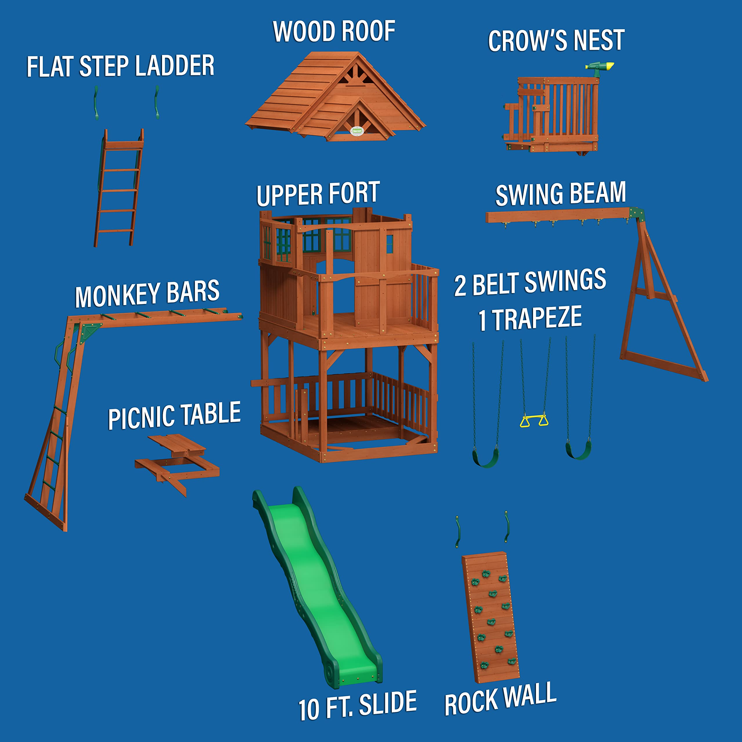 【Baby&Kids】Skyfort II Playground Cedar Wood Swing Set with Playhouse Fort, Sandbox, Picnic Table, Slide