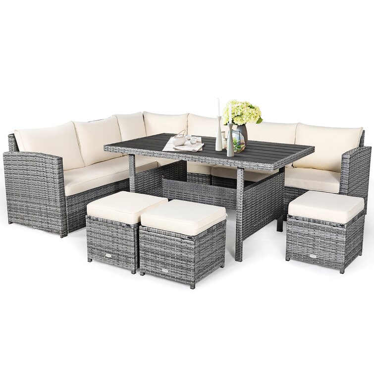 【Home&Garden】Stefanie Polyethylene (PE) Wicker 9 - Person Seating Group with Cushions