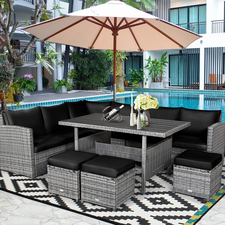 【Home&Garden】Stefanie Polyethylene (PE) Wicker 9 - Person Seating Group with Cushions