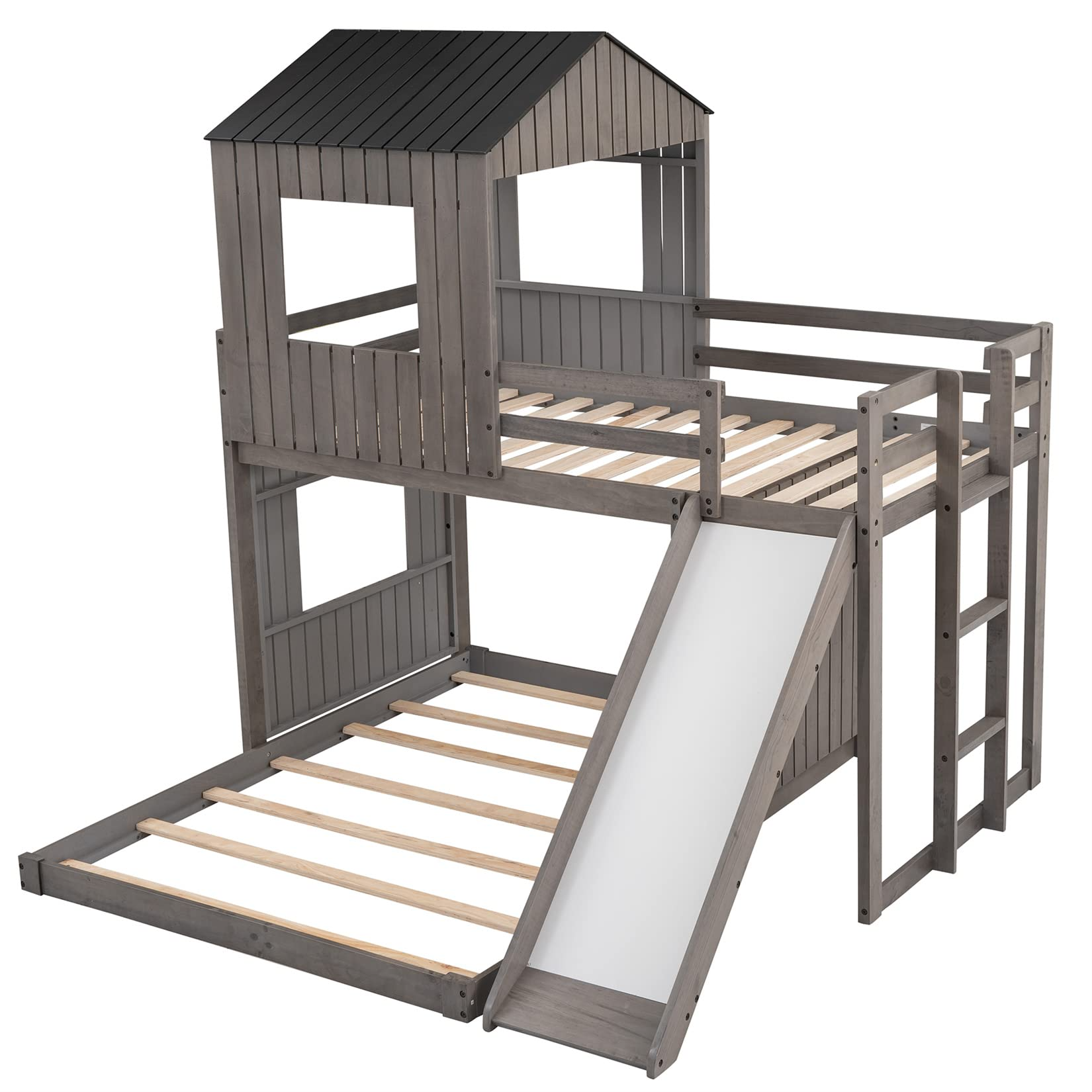 【Furniture】House Bed Bunk Beds with Slide, Wood Bunk Beds with Roof and Guard Rail for Kids, Toddlers