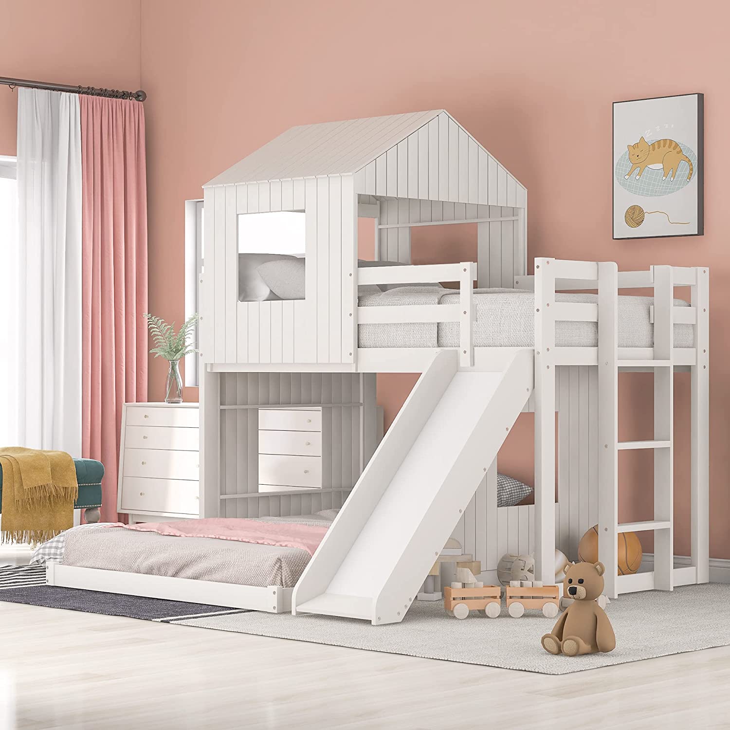 【Furniture】House Bed Bunk Beds with Slide, Wood Bunk Beds with Roof and Guard Rail for Kids, Toddlers