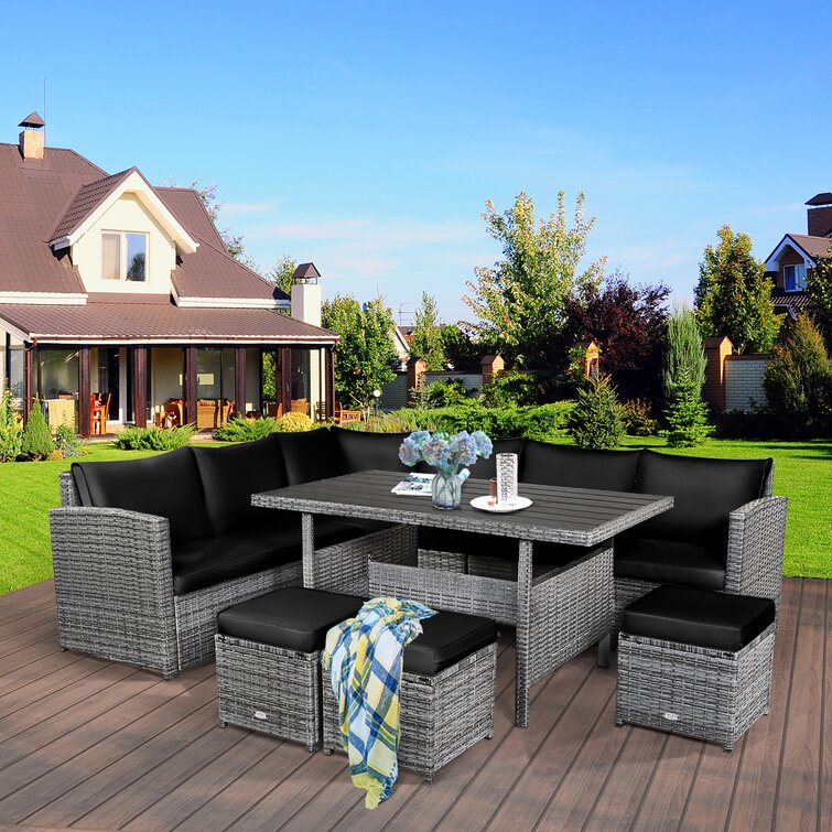 【Home&Garden】Stefanie Polyethylene (PE) Wicker 9 - Person Seating Group with Cushions