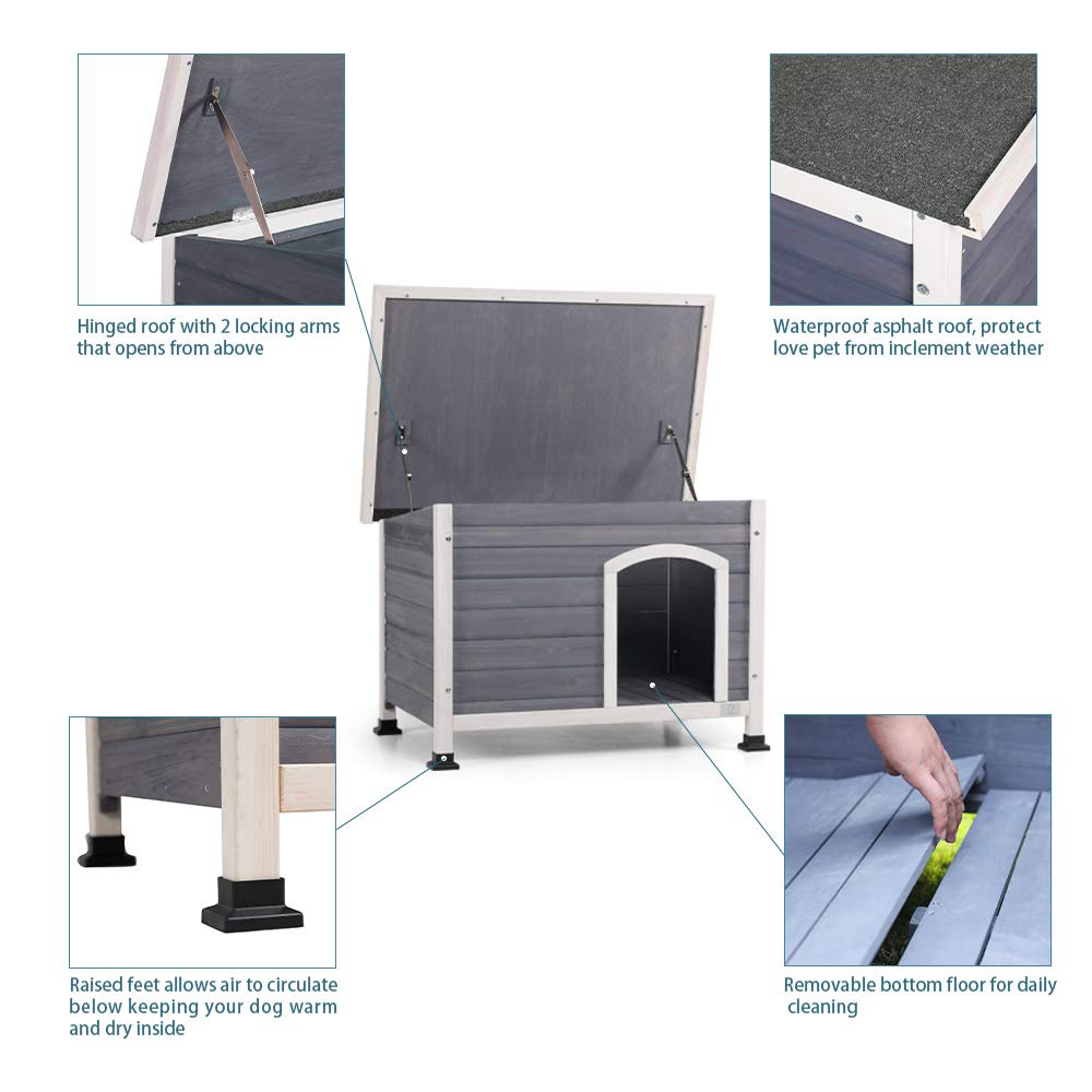 【Pet】Outdoor Wooden Dog House with Hinges, Raised Feet, Openable Asphalt Roof & Removable Floor