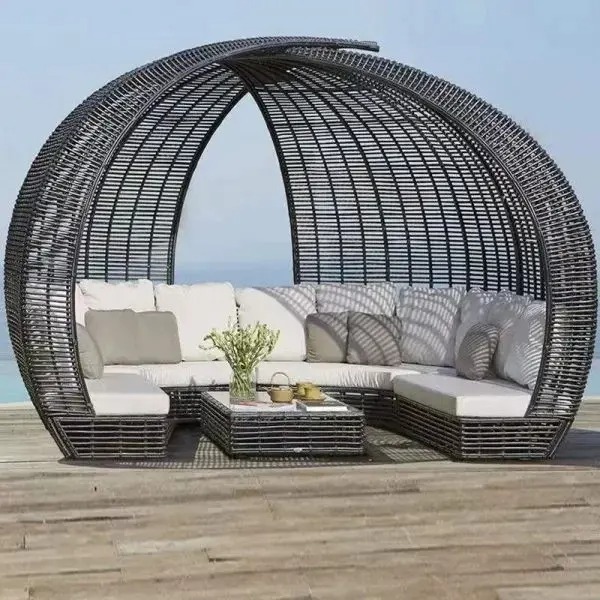 【Furniture】Outdoor Lying Bed Rattan Creative Birdcage Resort Hotel Open-air Sea View Room Multi-person Coffee Table Combination Leisure Rattan Bed