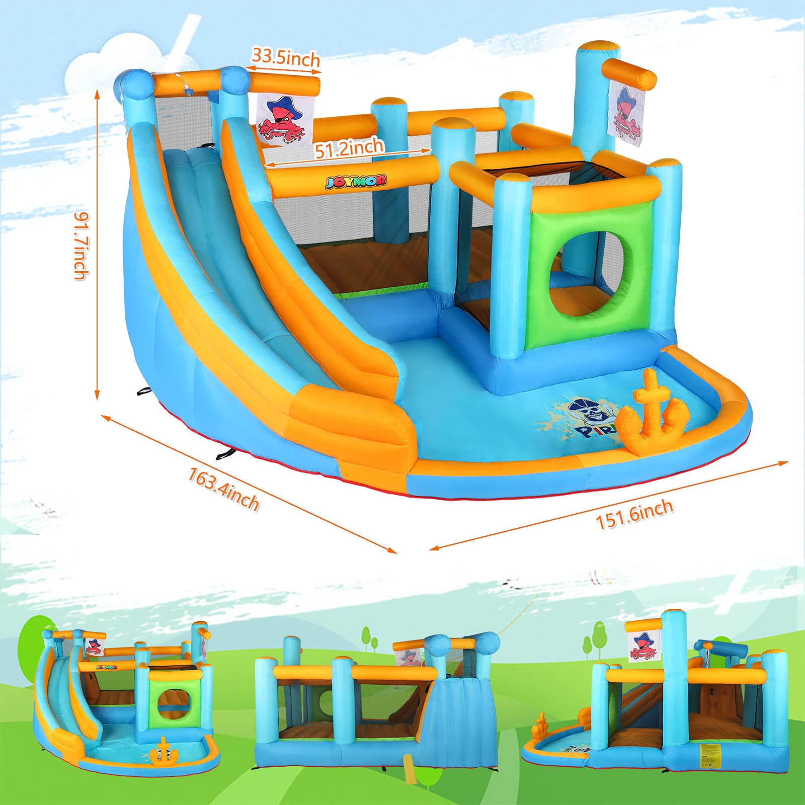 【Baby&Kids】Inflatable Water Slide Park, Pirate Themed Bounce House, Obstacle Course, Water Cannon