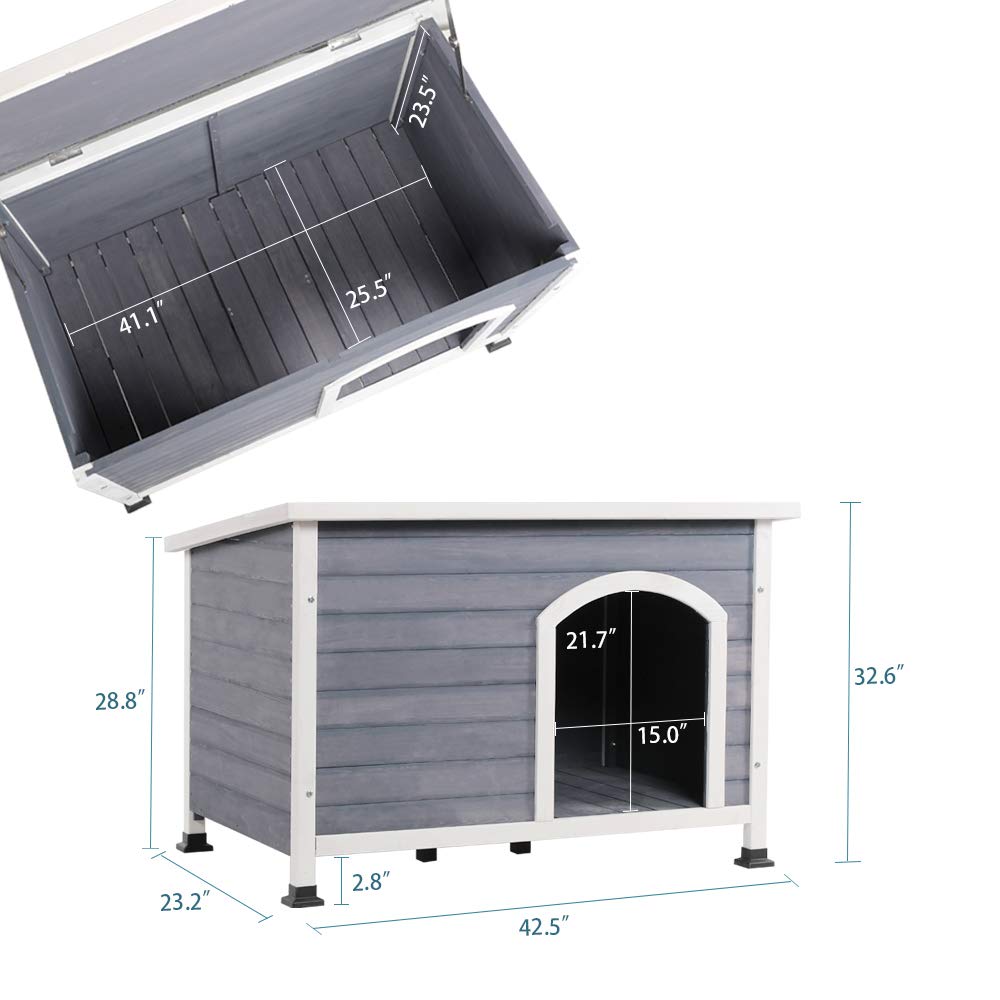 【Pet】Outdoor Wooden Dog House with Hinges, Raised Feet, Openable Asphalt Roof & Removable Floor