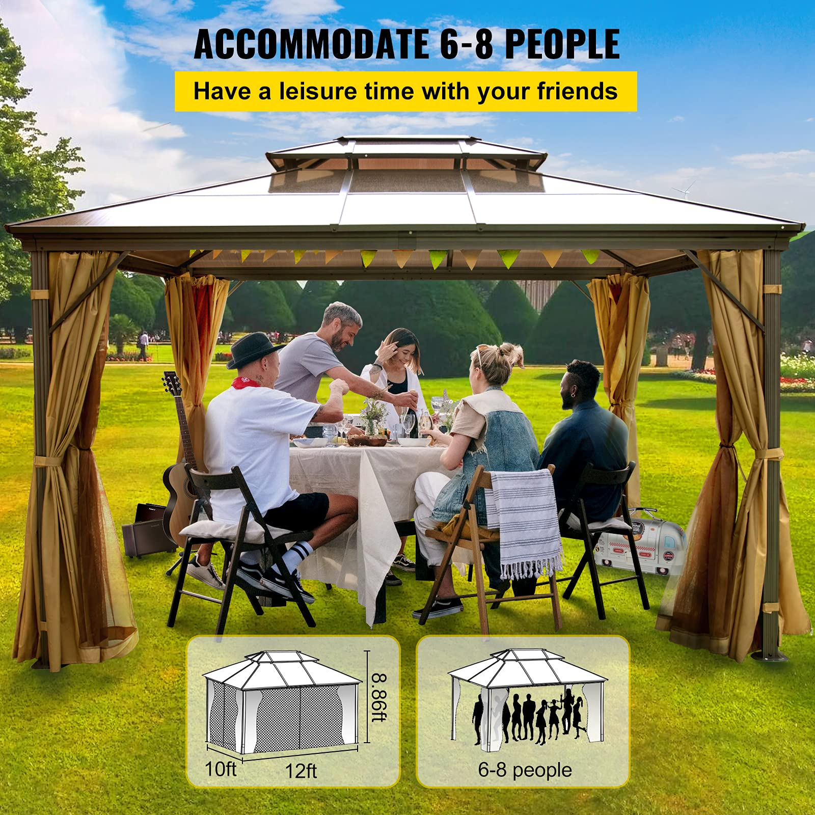 【Gazebo】Hard Top Gazebo 10' x 12' with Netting - Metal Gazebo