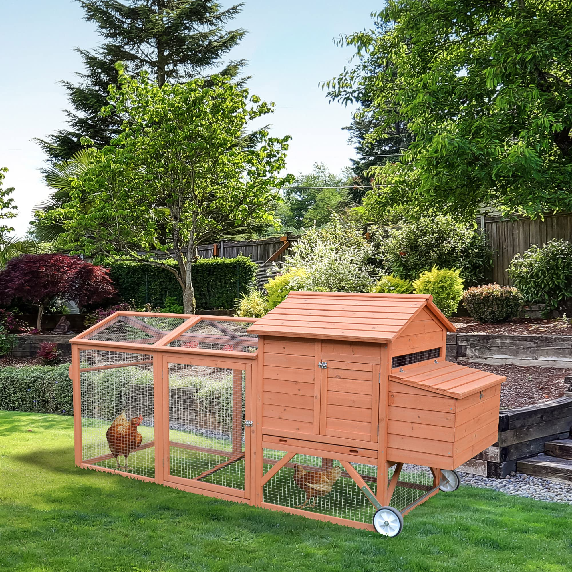 【Pet】96.5 Chicken Coop Wooden Rabbit Hutch Portable Backyard Outdoor Run and Nesting Box Natural