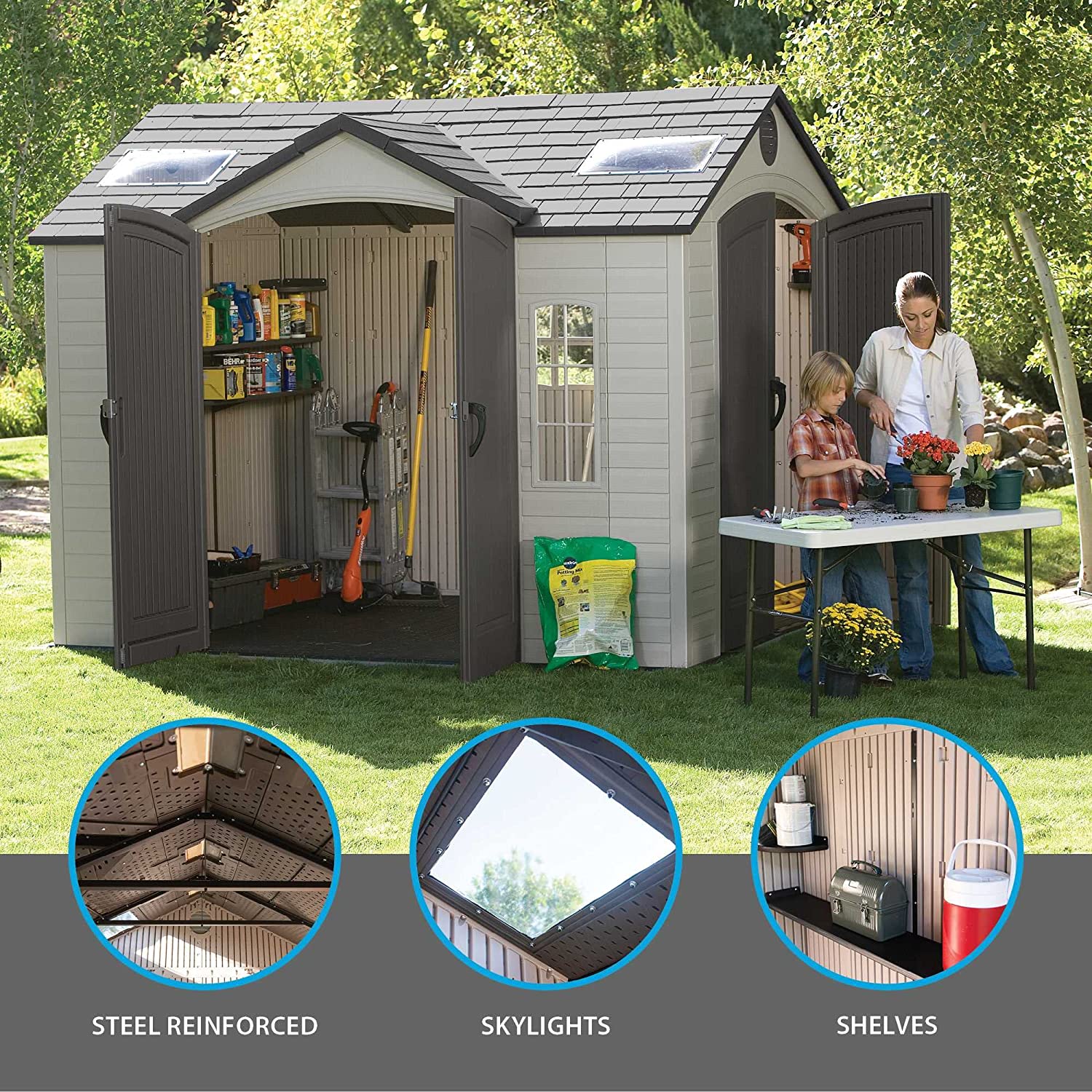【Storage Shed】10'x8' Resin Outdoor Storage Shed with Shutters, Windows & Skylights for Garden Patio