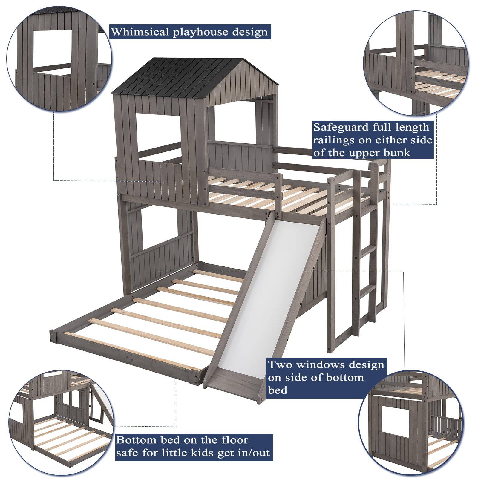 【Furniture】House Bed Bunk Beds with Slide, Wood Bunk Beds with Roof and Guard Rail for Kids, Toddlers