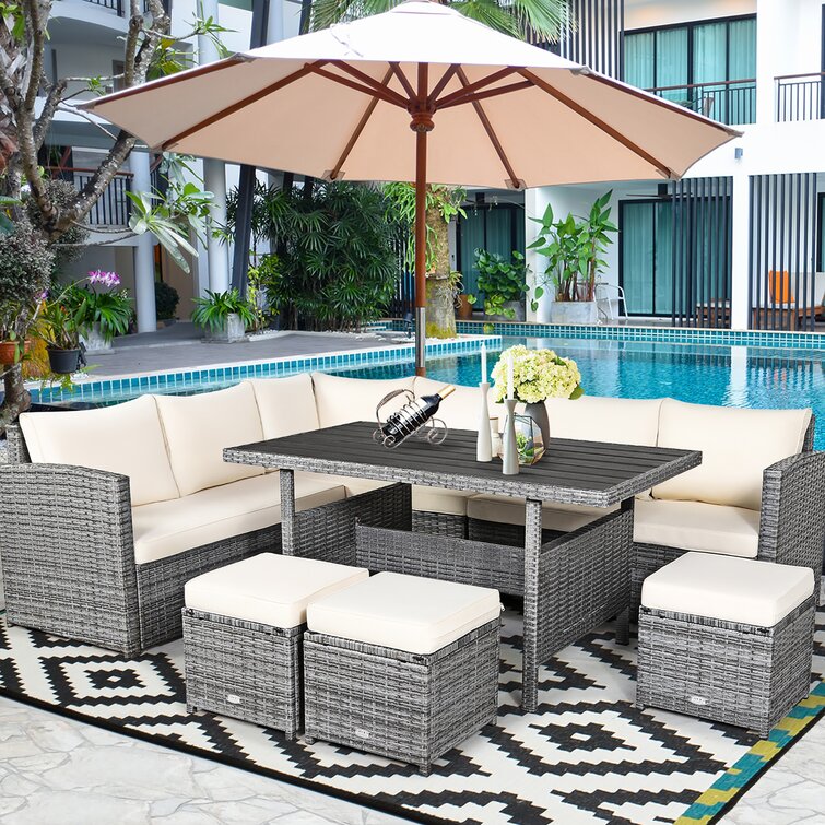 【Home&Garden】Stefanie Polyethylene (PE) Wicker 9 - Person Seating Group with Cushions