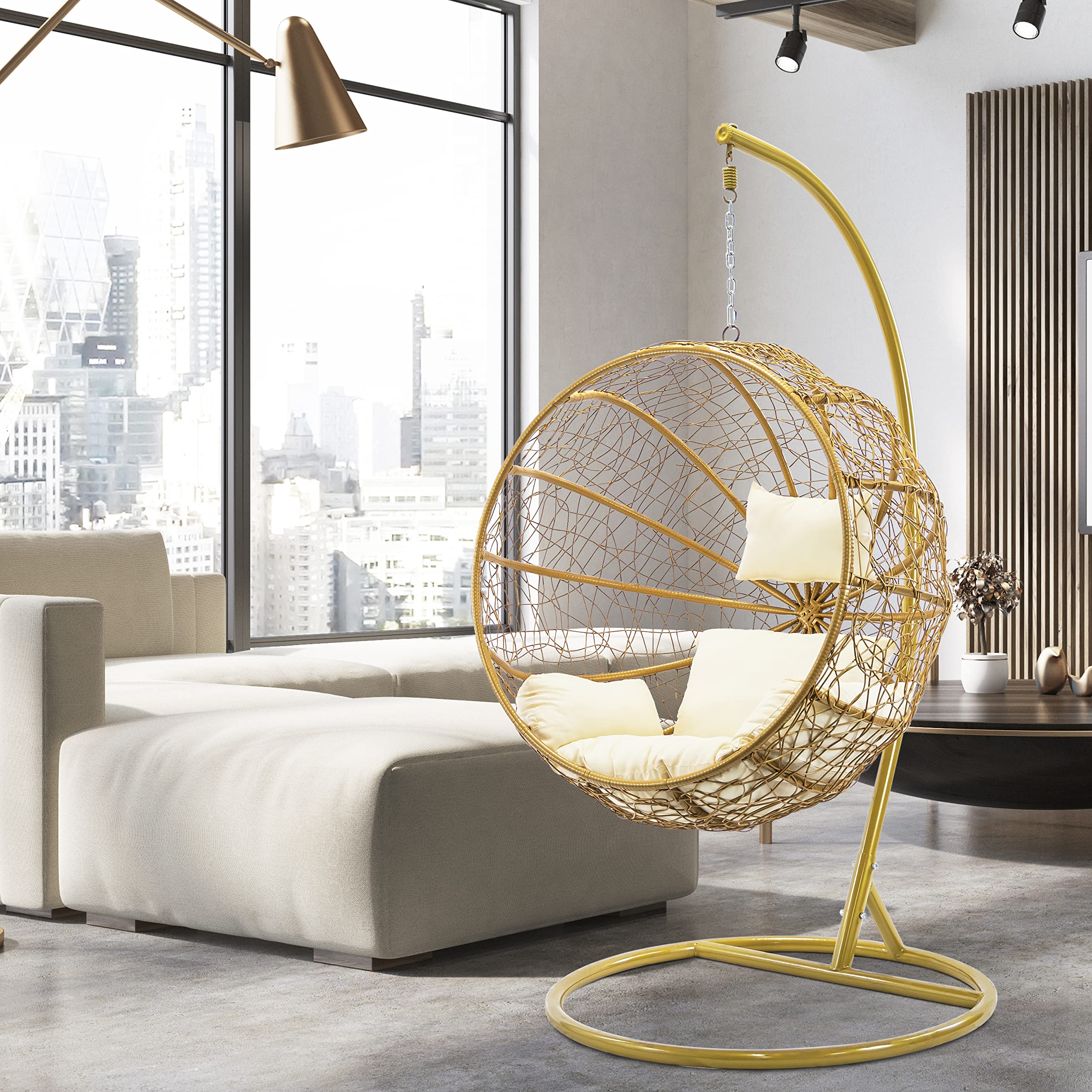 【Home&Garden】Porch Swing Chair with Stand, Cushion & Pillow, Goldden Egg Rattan Wicker Swing Hanging Chair