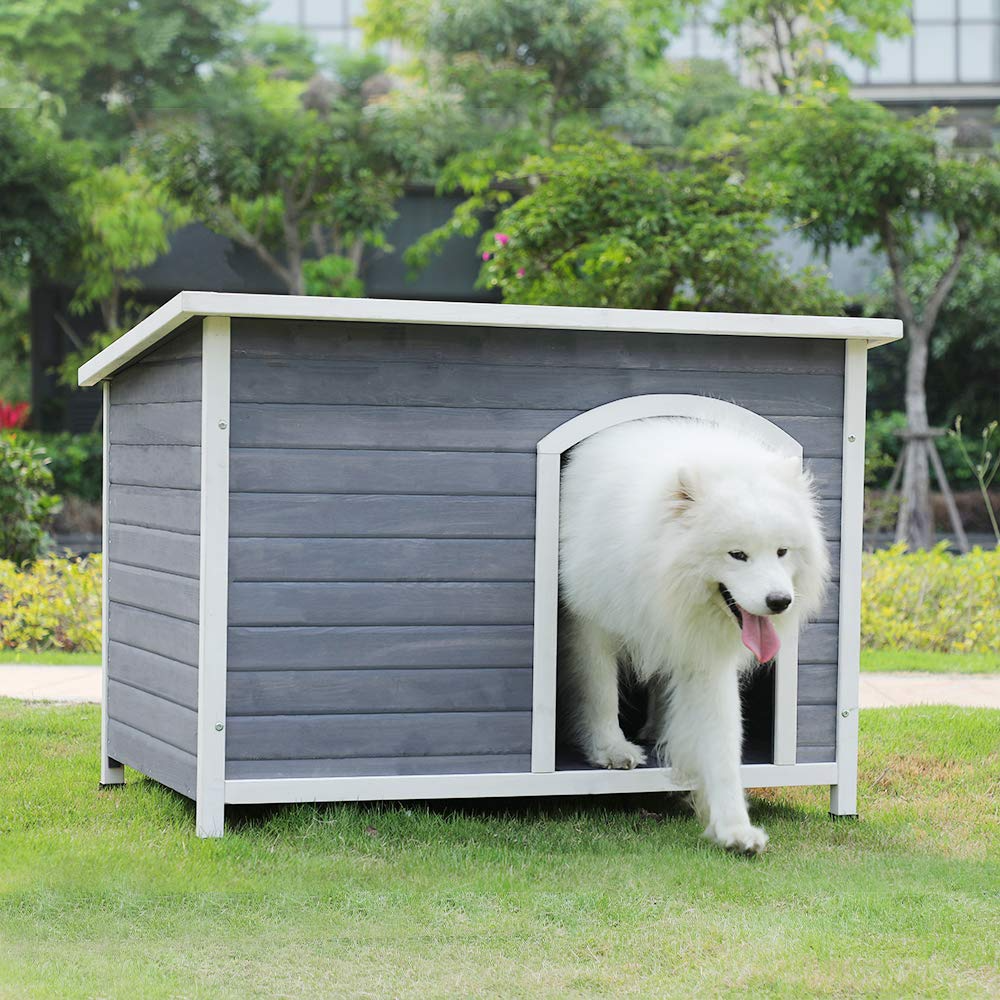 【Pet】Outdoor Wooden Dog House with Hinges, Raised Feet, Openable Asphalt Roof & Removable Floor