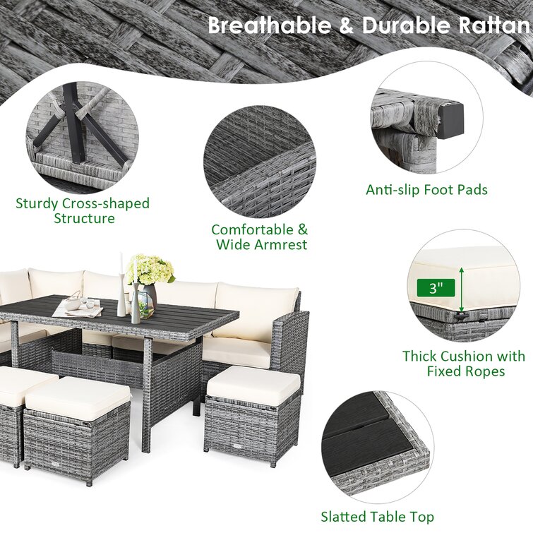 【Home&Garden】Stefanie Polyethylene (PE) Wicker 9 - Person Seating Group with Cushions